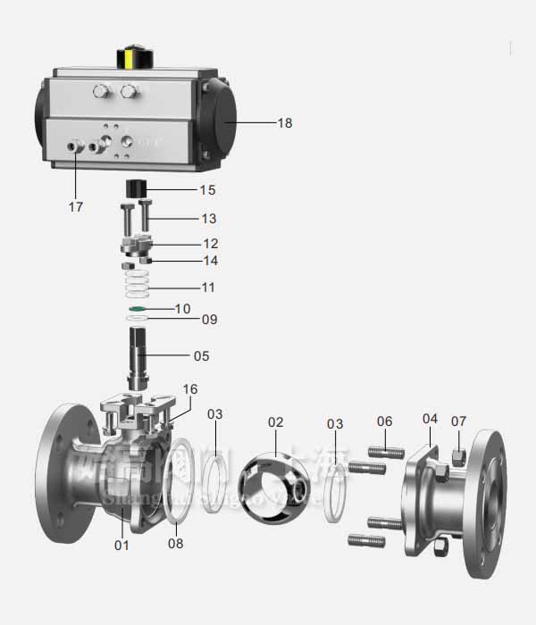 氣動(dòng)不銹鋼法蘭球閥零件圖