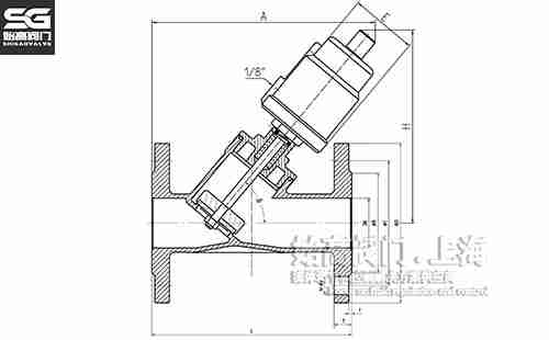 法蘭氣動(dòng)角座閥尺寸圖 法蘭氣動(dòng)角座閥尺寸圖